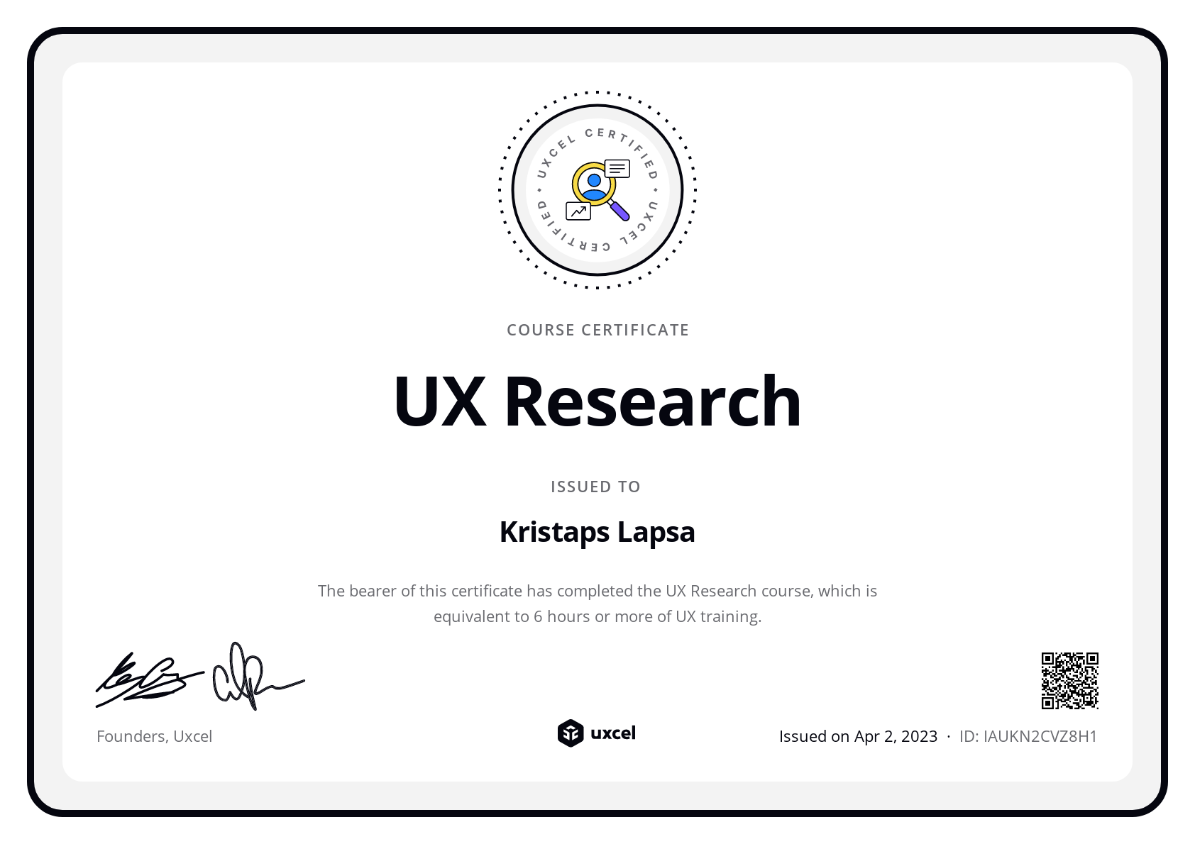 Kristaps Lapsa's certificate